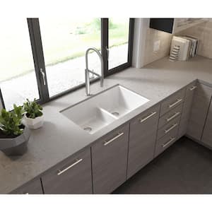 Drop-in/Undermount Granite Composite 33 in. 1-Hole 50/50 Double Bowl Kitchen Sink with Low Divide White