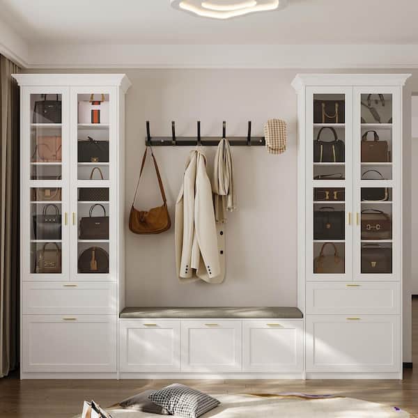 White Wooden Hall Tree System, Storage Coat Rack, Jewelry Armoire with Seat, 5 Drawers and 12 Shelves without Hooks