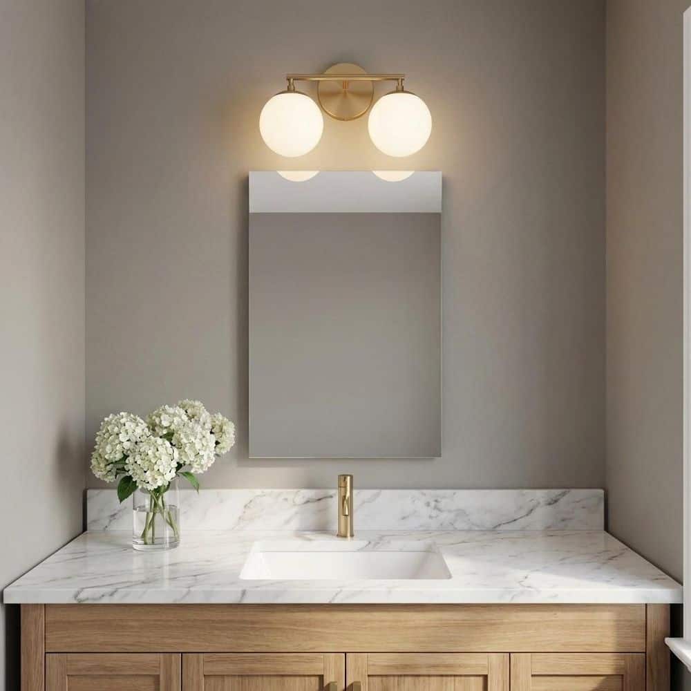 Nube 14.63 in. W 2-Light Satin Brass Modern Bathroom Vanity Light with Milk Glass Globe Shades, Bulbs Included price history on PriceWatchPro