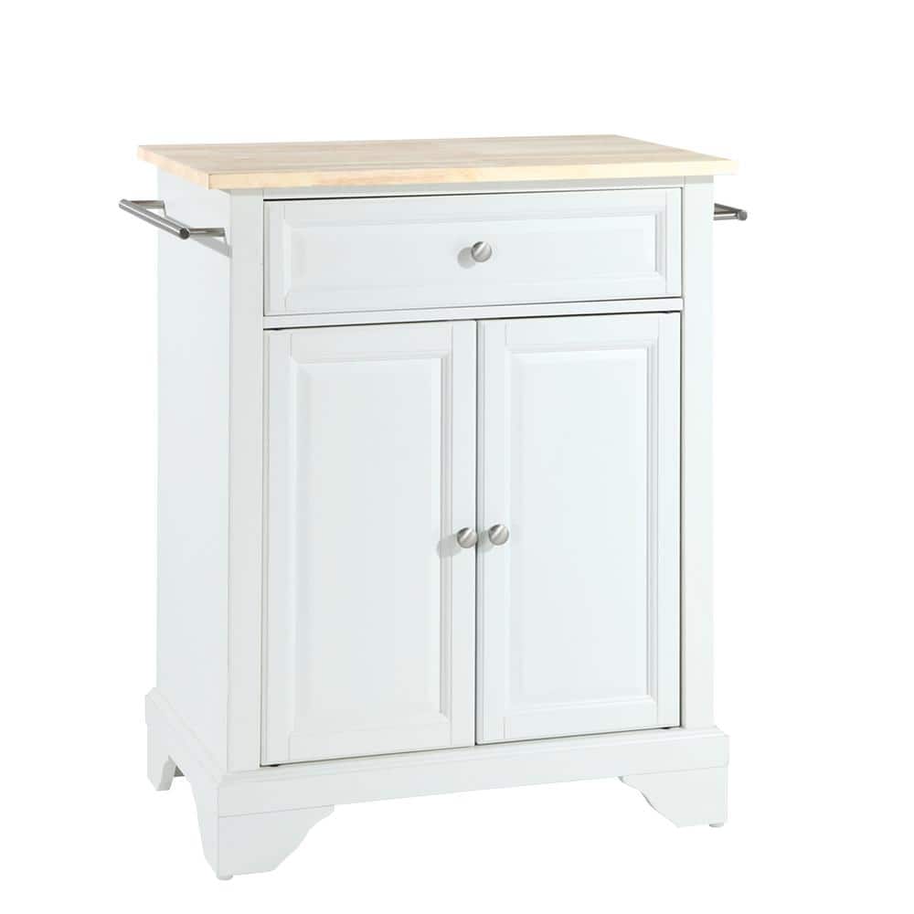 White and Natural Wood Top Kitchen Island Cart with Nickel Hardware