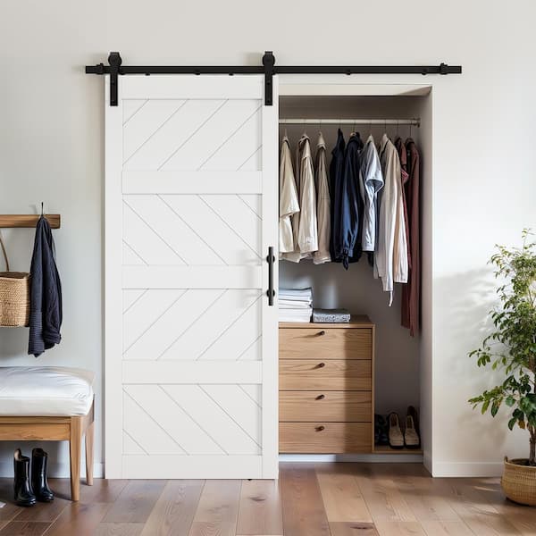 42 in. x 84 in. 4-Plank Stlye Prefinished White MDF Sliding Barn Door with Hardware Kit