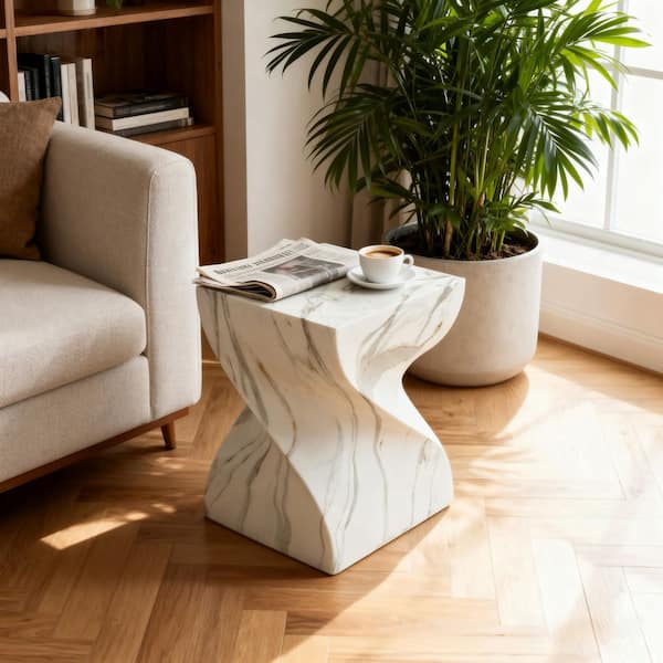 14.37 in. Modern Marble Square Magnesium Oxide End Table with Geometric Design