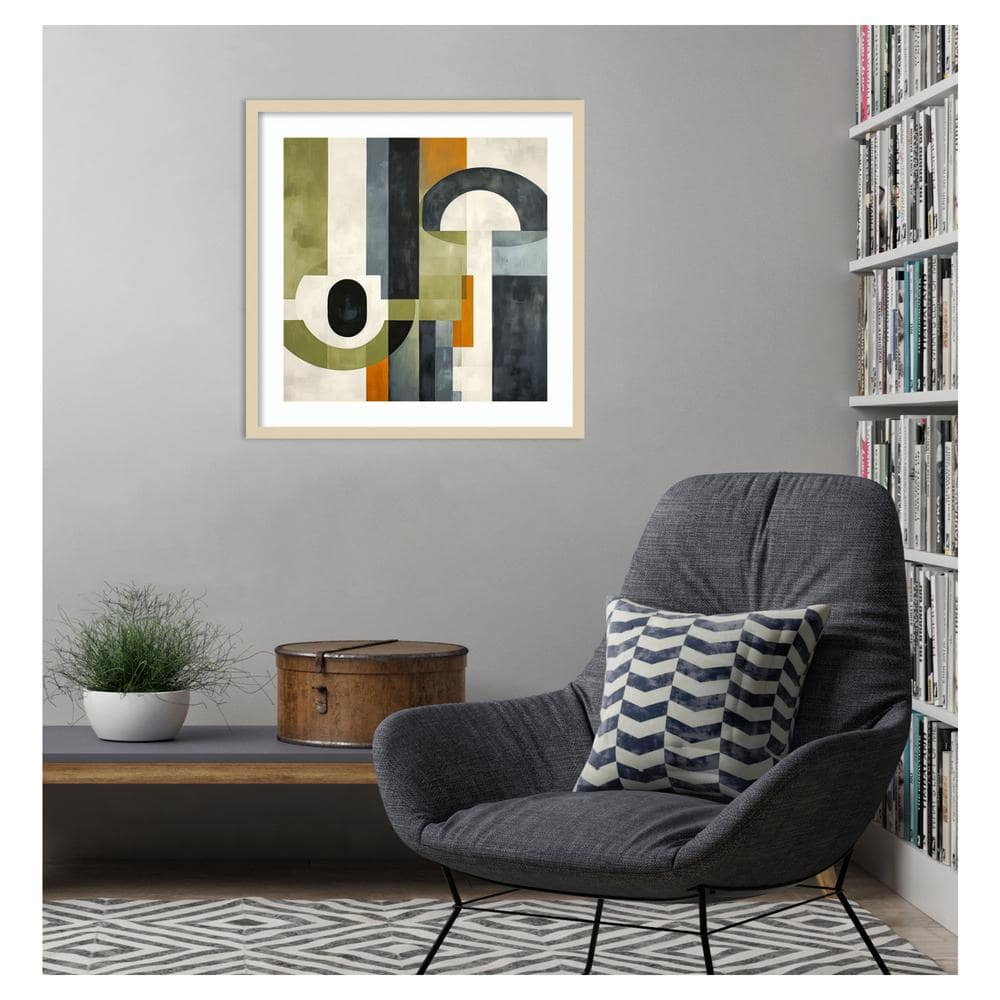 Sage Green Midcentury Abstract Graphic Art Print with Natural Frame