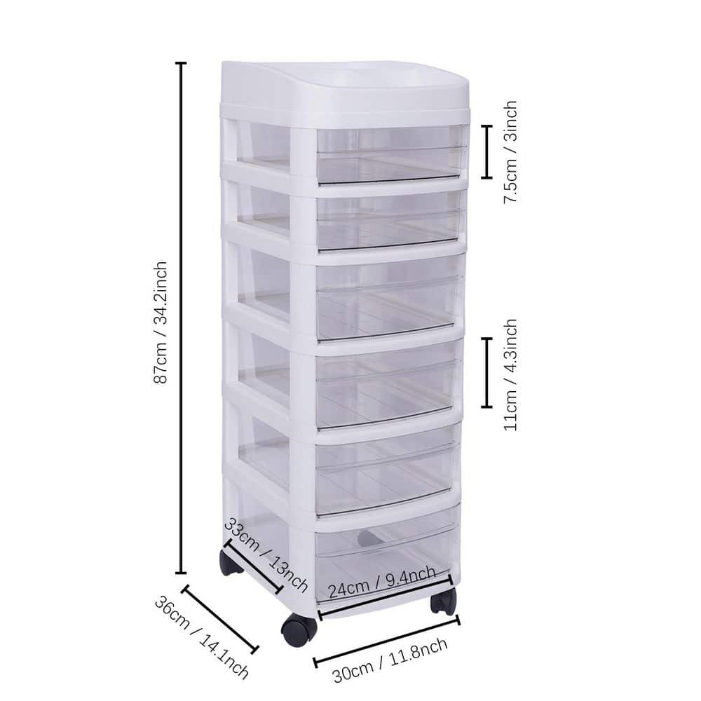 White 6-Tier Plastic Rolling Storage Cart with Clear Drawers