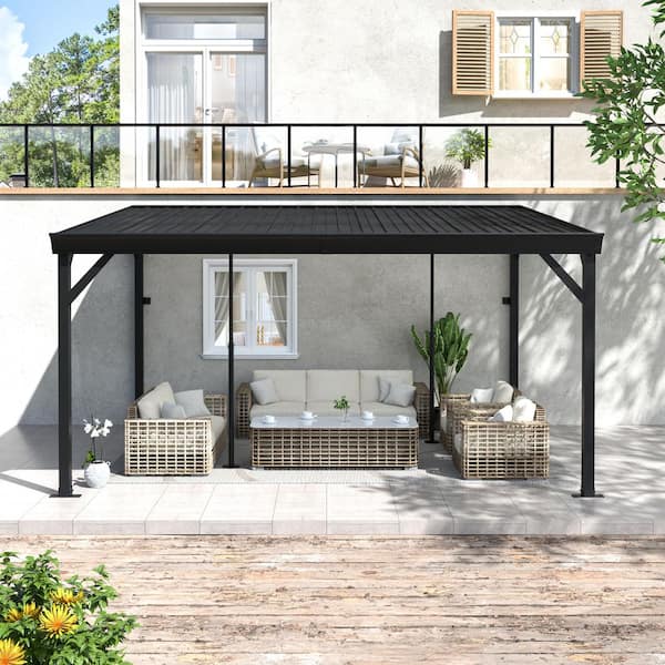 14 ft. x 10 ft. Metal Patio Covers with Sloped Roof Wall-Mount Gazebo Pergola