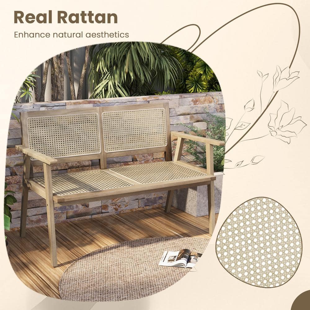Natural Teak and Rattan 2-Person Outdoor Bench with Armrests