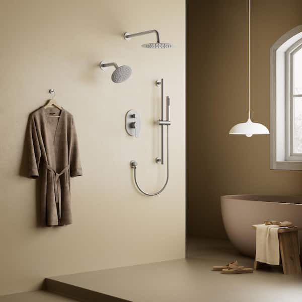 3-Spray Patterns Round Fixed Shower Head 10 and 6 in. 2.5 GPM Dual Shower Heads in Brushed Nickel (Valve Included)