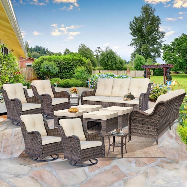 kuurfuurdo Brown 12-Piece Wicker Patio Conversation Seating Sofa Set Outdoor Rattan Swivel Chairs with Beige Cushions and Ottomans