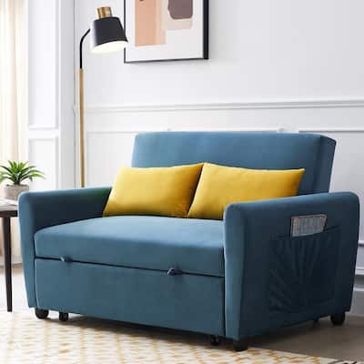 57 in. Blue 2 Seats Full Size Compact Soft Velvet Sofa Bed Pull-Out Sleeper with 2 Lumbar Pillow