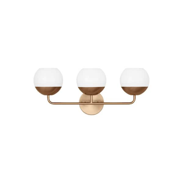 Marina 24.125 in. 3-Light Satin Brass Gold Dimmable Modern Vanity Light with White Milk Glass Globe Shades