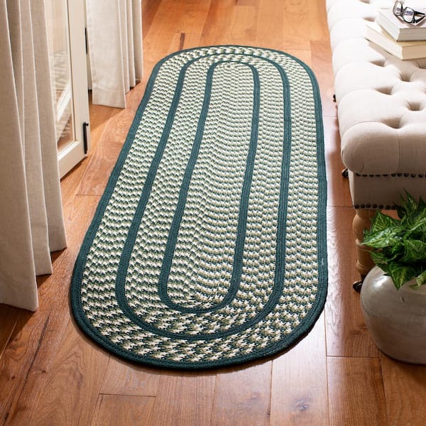 Braided Ivory/Dark Green 2 ft. x 8 ft. Oval Border Area Rug