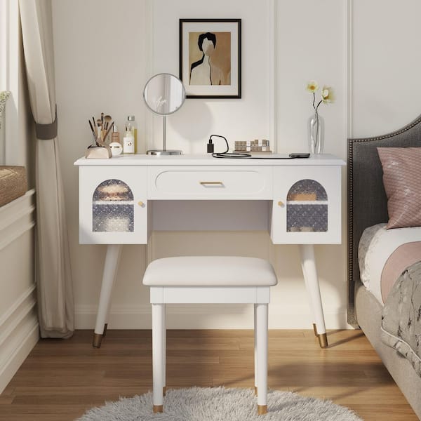 Nestfair White 40 in. W Makeup Vanity with One Drawer, Dresser Set with Chair(Without Mirror)