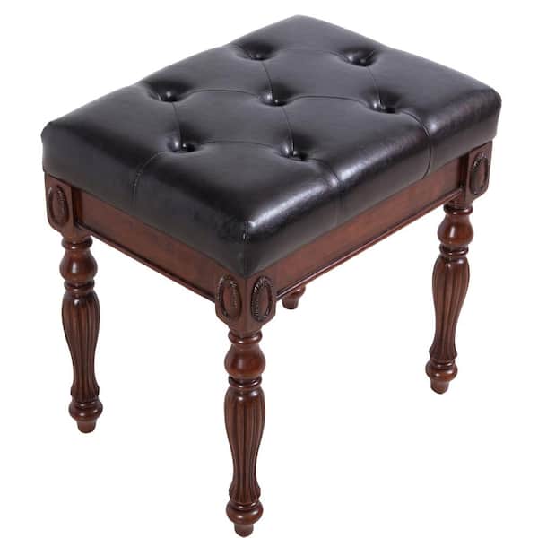 URTR Retro Mid Century 18.50 in. Black Faux Leather Backless Stool Button Tufted Vanity Stool Wooden Ottoman (set of 1)