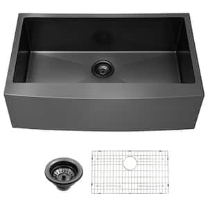 Gunmetal Black 16 Gauge Stainless Steel 36 in. Single Bowl Farmhouse Apron-Front Kitchen Sink with Bottom Grid