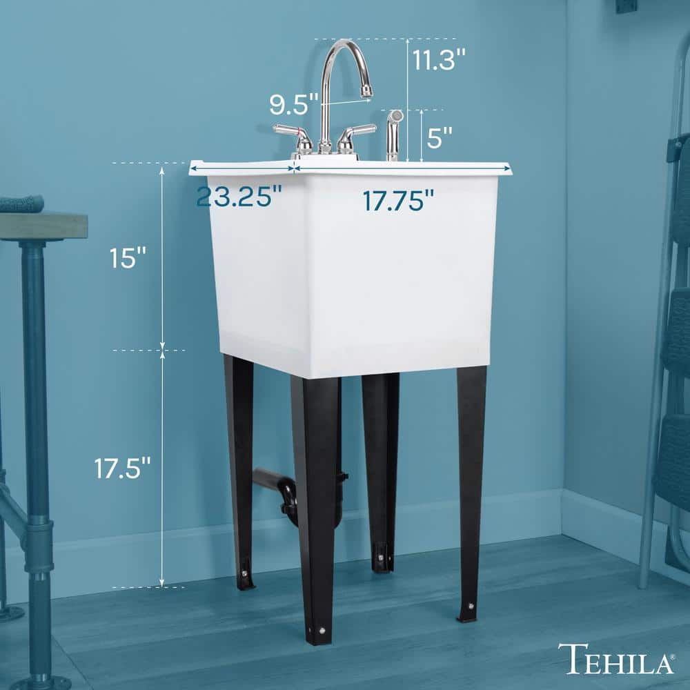 White Freestanding Utility Sink with Chrome Faucet and Sprayer