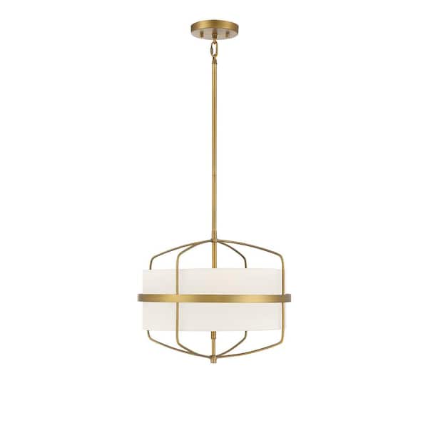 Savoy House 16.25 in. W x 13.75 in. H 3-Light Natural Brass Shaded Pendant Light with White Fabric Shade