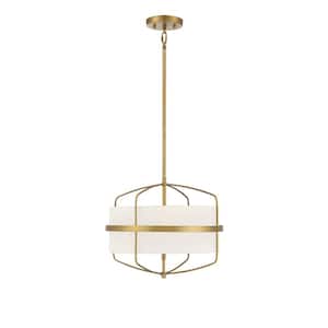 16.25 in. W x 13.75 in. H 3-Light Natural Brass Shaded Pendant Light with White Fabric Shade