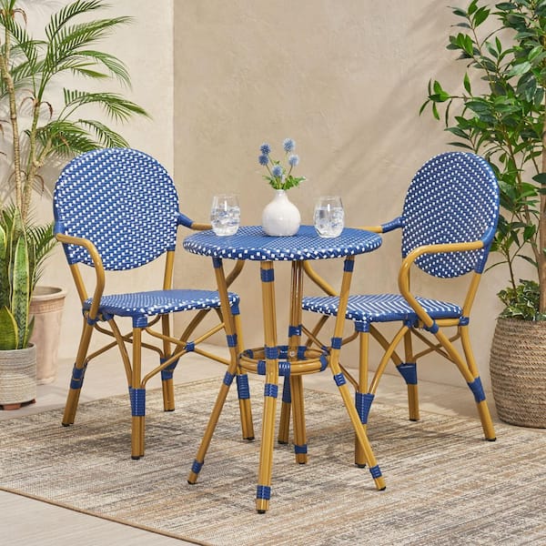 3-Piece Blue Wicker and Aluminum Outdoor Bistro set with Bistro Table for Porch, Poolside, Balcony and Yard