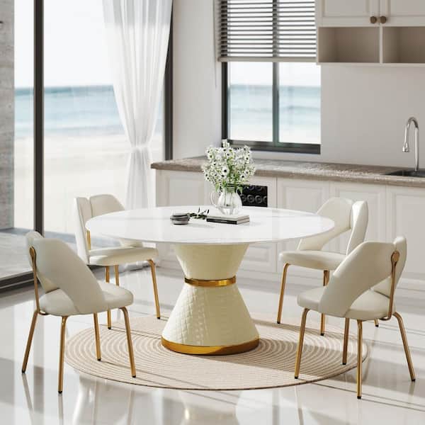 59 in. White Sintered Stone Round Top Pedestal White Metal Base Dining Table (Seats 8)