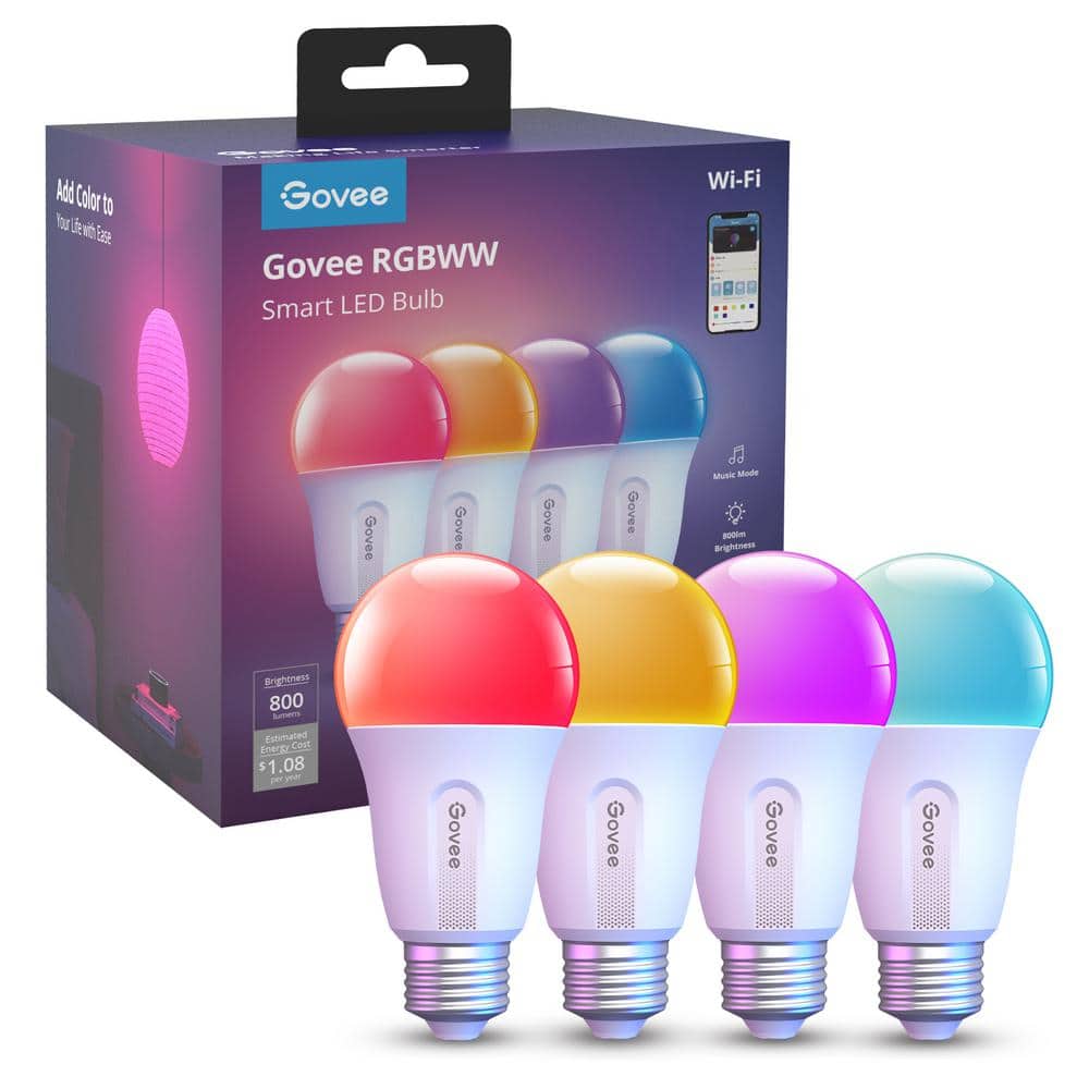 Govee 4-Packs 9-Watt 800 Lumens A19 Shape E26 Base 2700-6500K RGBWW Smart LED Bulb B6004AC3 - The Home Depot