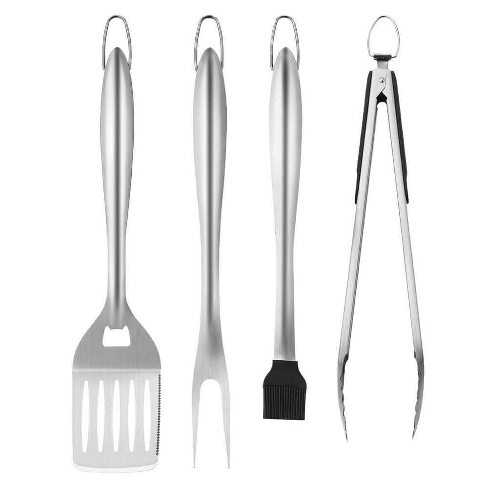 Grilling Accessories, 4PCS BBQ Grill Tool Set, Heavy Duty Stainless Steel, Kitchen Utensils, Tong, Spatula, Fork, Brush