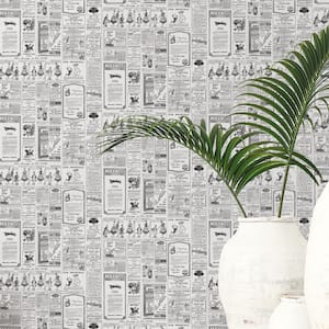 Newspaper Print in Black and White Matte Finish Vinyl on Non-Woven Non-Pasted Wallpaper Roll