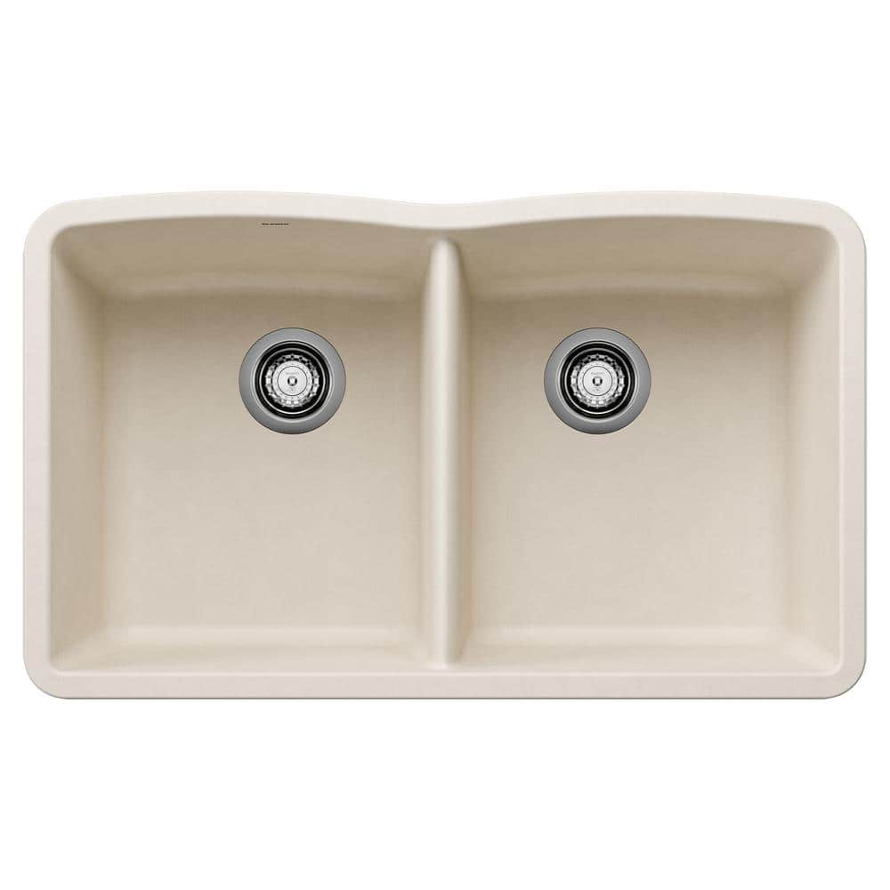 Diamond Silgranit 32 in. Undermount 50/50 Double Bowl Soft White Granite Co