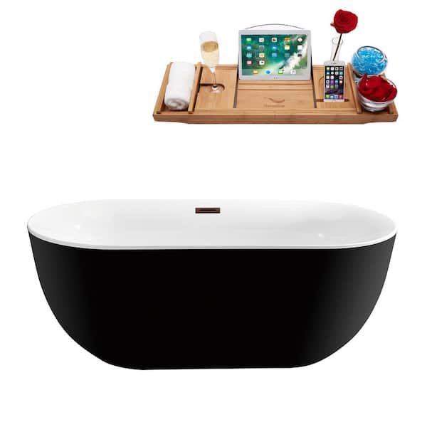 Streamline 67 in. Acrylic Flatbottom Non-Whirlpool Bathtub in Glossy Black with Matte Oil Rubbed Bronze Drain and Overflow Cover