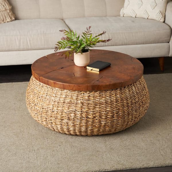 35 in. Brown Round Rattan and Teak Wood Coffee Table