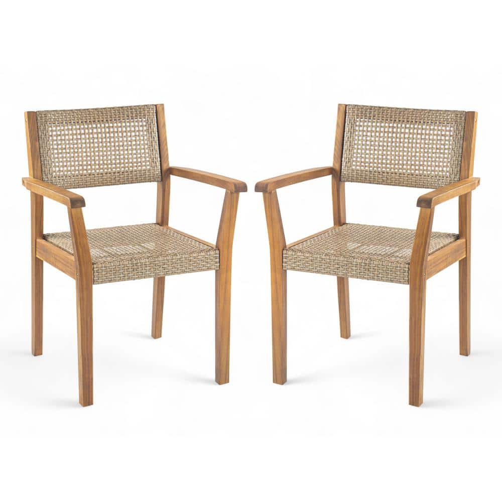 Verona Outdoor Patio Dining Chairs, PE Wicker, Acacia Wood, Teak, Set of 2