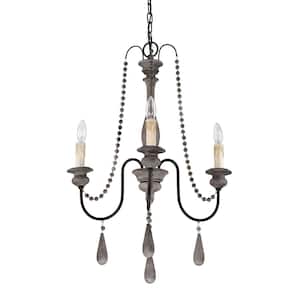 3-Light Slate Wood and Black Chandelier with Wooden Beads Hanging