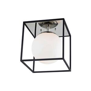 Aira 1-Light Polished Nickel and Black Small Flush Mount with Opal Etched Glass and Black Accents