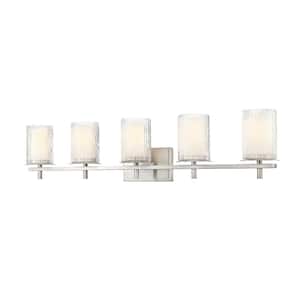 Grayson 40 in. 5-Light Brushed Nickel Vanity Light with Clear Etched Opal Glass Shade with No Bulbs Included