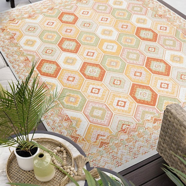Flora Orange 5 ft. x 7 ft. Geometric Indoor/Outdoor Area Rug