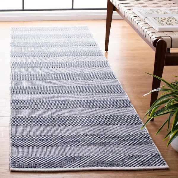Striped Kilim Ivory Blue 2 ft. X 8 ft. Plaid Runner Rug
