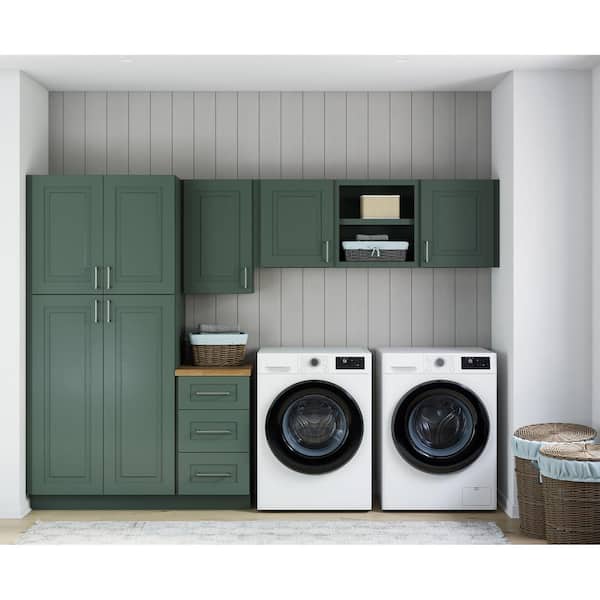 MILL'S PRIDE Greenwich Aspen Green Plywood Shaker Stock Ready to Assemble Kitchen-Laundry Cabinet Kit 24 in. x 84 in. x 120 in.