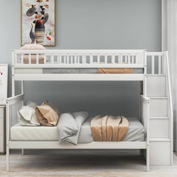White Twin Over Full Stairway Bunk Bed, Keystone Stairway Bunk Bed With Storage Trundle Unit