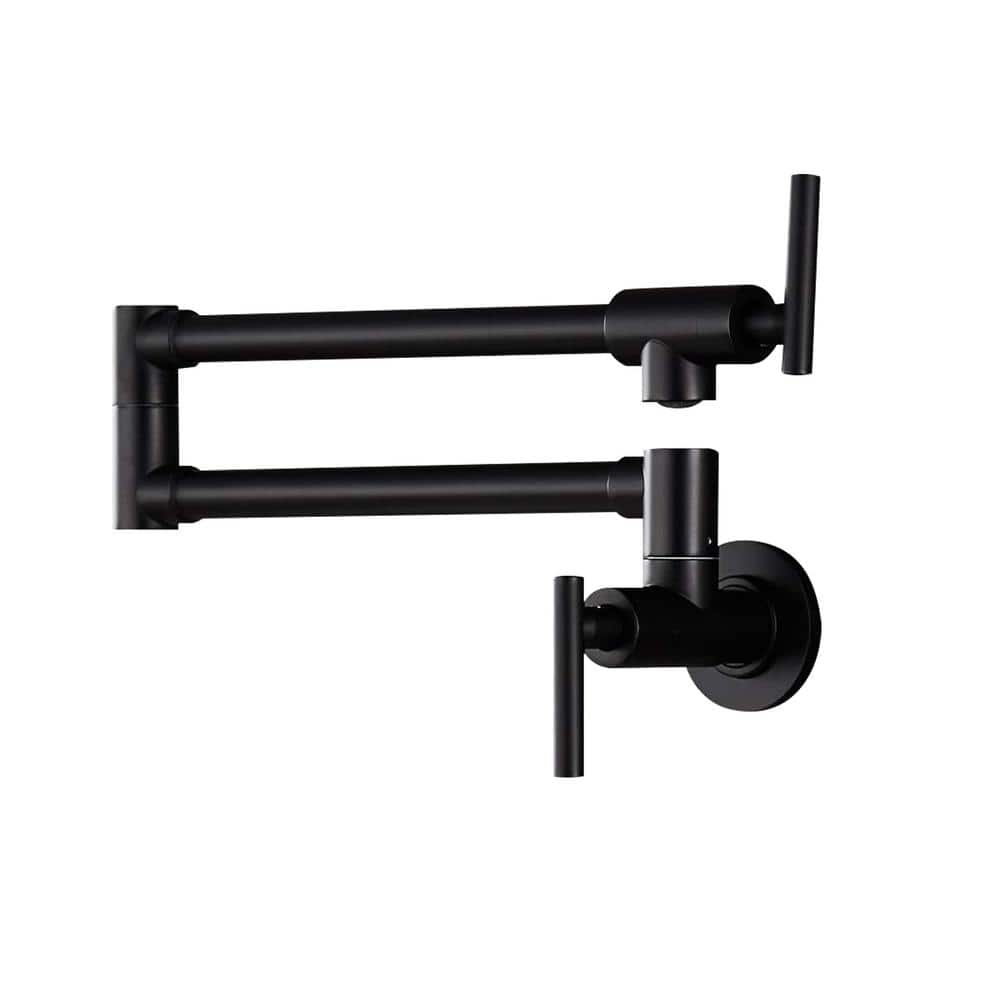 2 Handles Wall Mounted Pot Filler with Swing Arm Folding Faucet Matte Black
