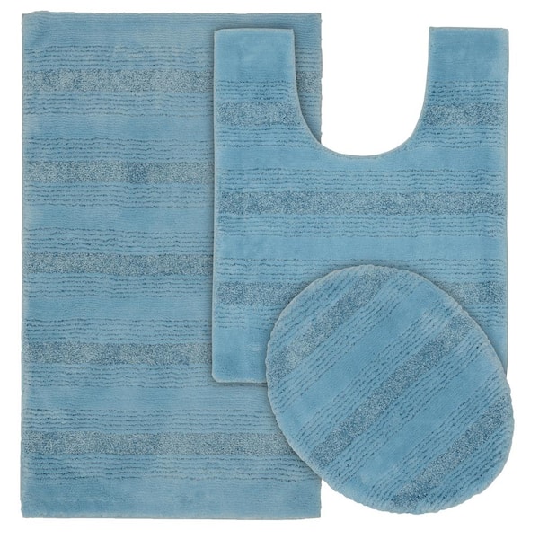 Garland Rug Essence Basin Blue 21 in. x 34 in. Striped Nylon 3-Piece Bath Mat Set