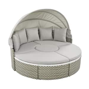 Wicker Outdoor Day Bed with Retractable Canopy, Sectional Set 2-Tone Weave Sunbed, Separate Seating, Gray Cushions