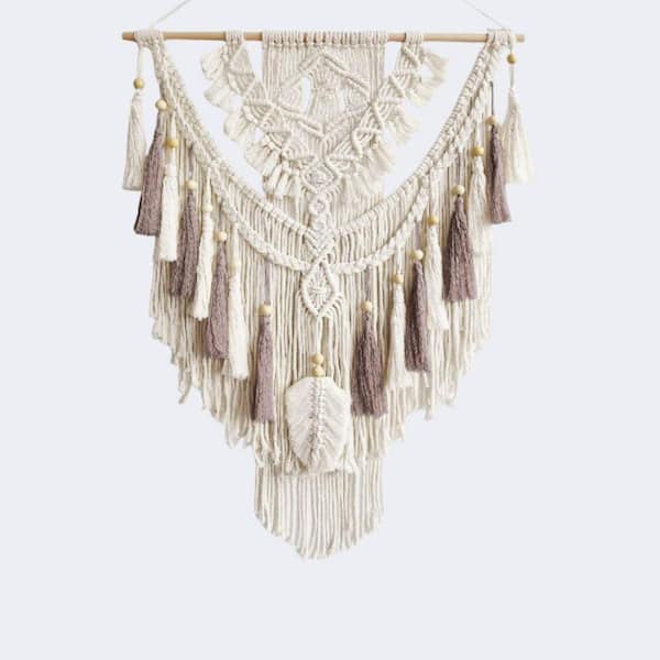 Large Macrame Wall Hanging Art-43 in. x 32 in. Boho Beige-Brown