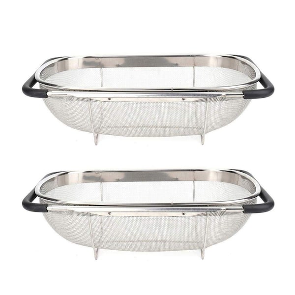 2 Pack Over the Sink Oval Colander for Kitchen, Stainless Steel Fine Mesh 6 qt. Strainer Basket with Expandable Handle