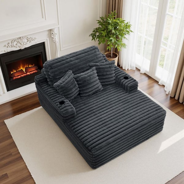 Modern Dark Gray Faux Rabbit Fur Polyester Lazy Sofa 2-Arm Chaise Lounge With Cup Holders(Set of 1)