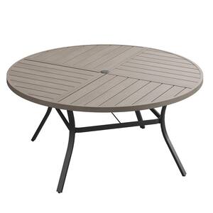 50 in. Grey Wood-Like Round Metal Outdoor Dining Table with Umbrella Hole for Patio Garden