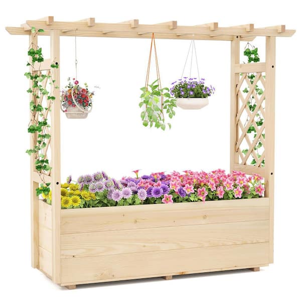 36 in. x 13 in. Wooden Raised Garden Bed/ Lattice Trellises Hanging Roof Drainage Indoor Outdoor