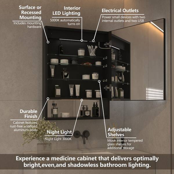 Unbranded Modern 24 in. W x 32 in. H Rectangular Aluminum Medicine Cabinet with Mirror for Bathroom