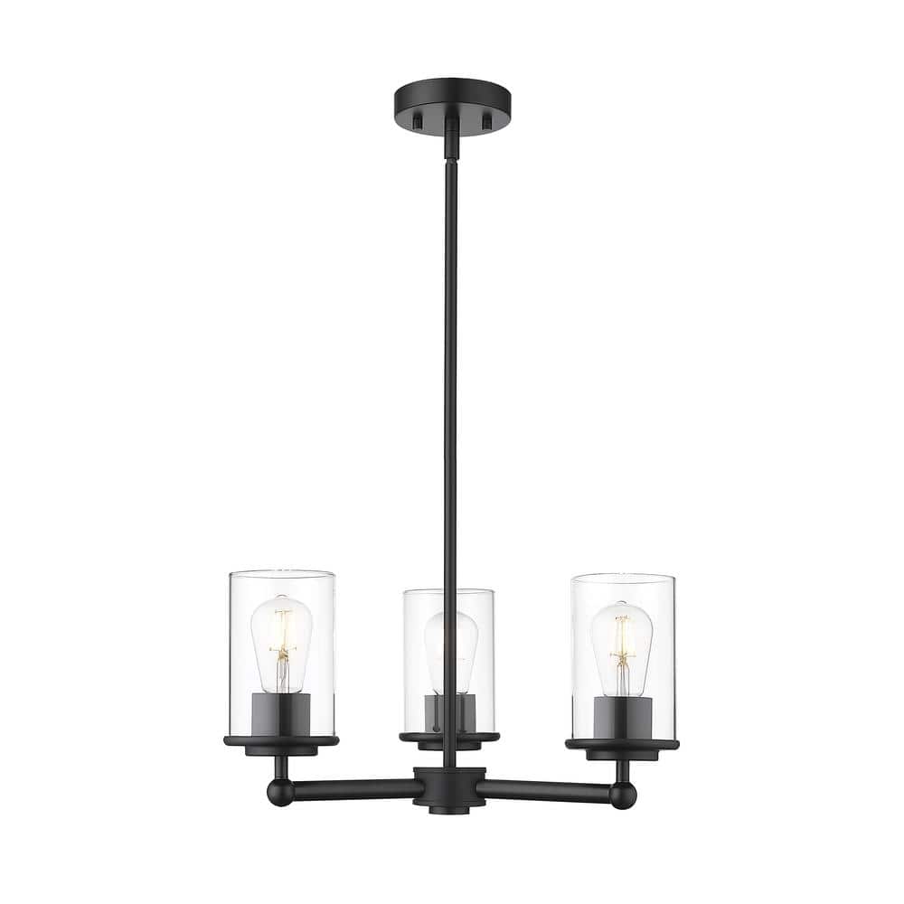 Thayer 19 in. 3-Light Matte Black Chandelier with Clear Glass Shades