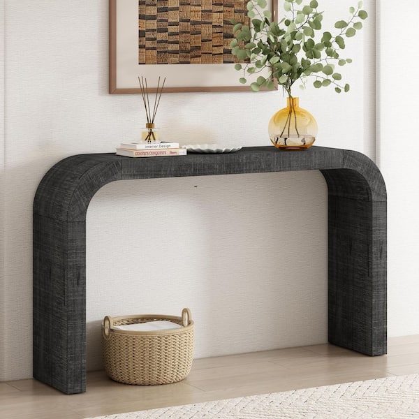 CHRISTOPHER KNIGHT HOME Jayden 52.25 in. Black Distressed Rectangle MDF and Solid Wood Console Table with Curved Edge, Open Style