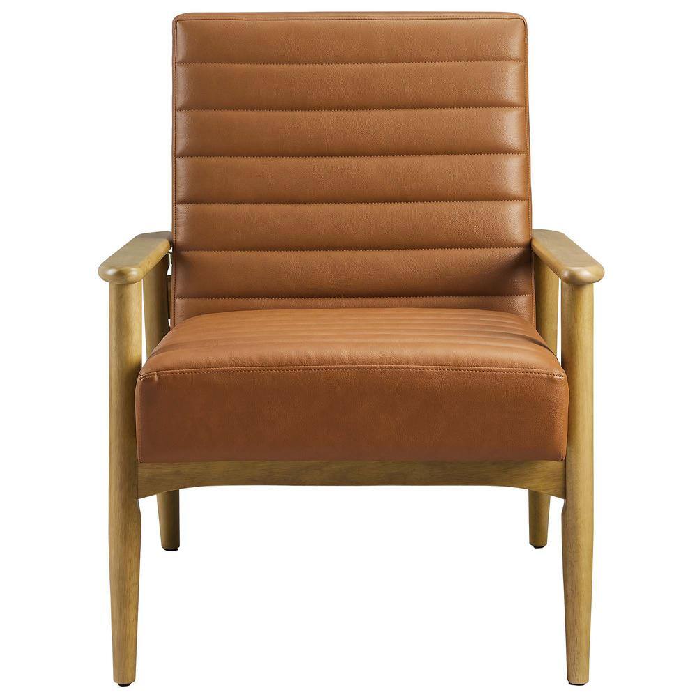 French Oak Tan Faux Leather Barrel Accent Chair with Wood Frame