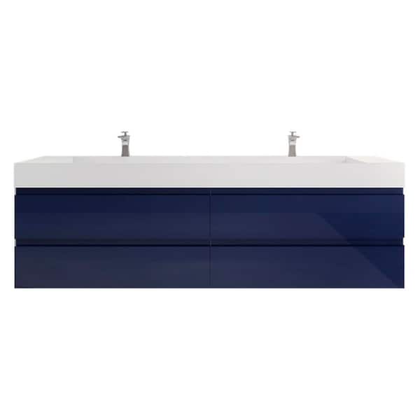 Monterey 84 in. W x 20 in. D x 26 in. H Double Sink Floating Bath Vanity in High Gloss Blue with White Acrylic Top